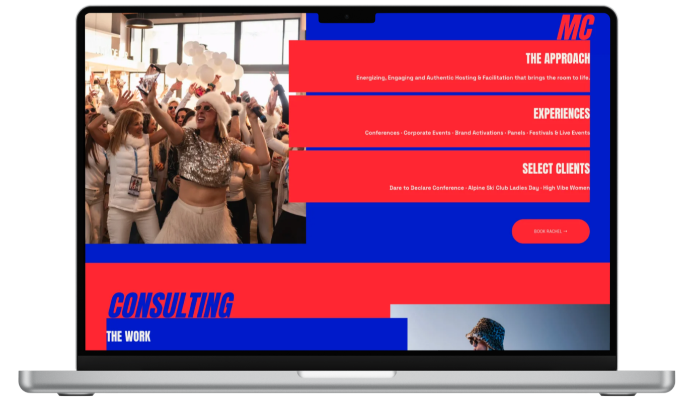 Work With Me Page (Desktop) — Each service is broken down into its sound or approach, the experiences it suits, and select clients, so brands and planners know exactly what they're booking.