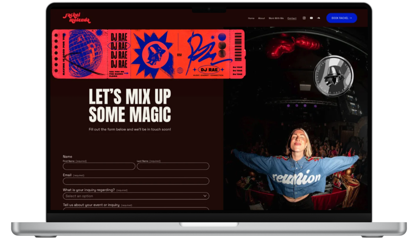 Contact Page (Desktop) — "Let's mix up some magic." A streamlined inquiry form with a service dropdown, so every request arrives organized and ready to respond to.