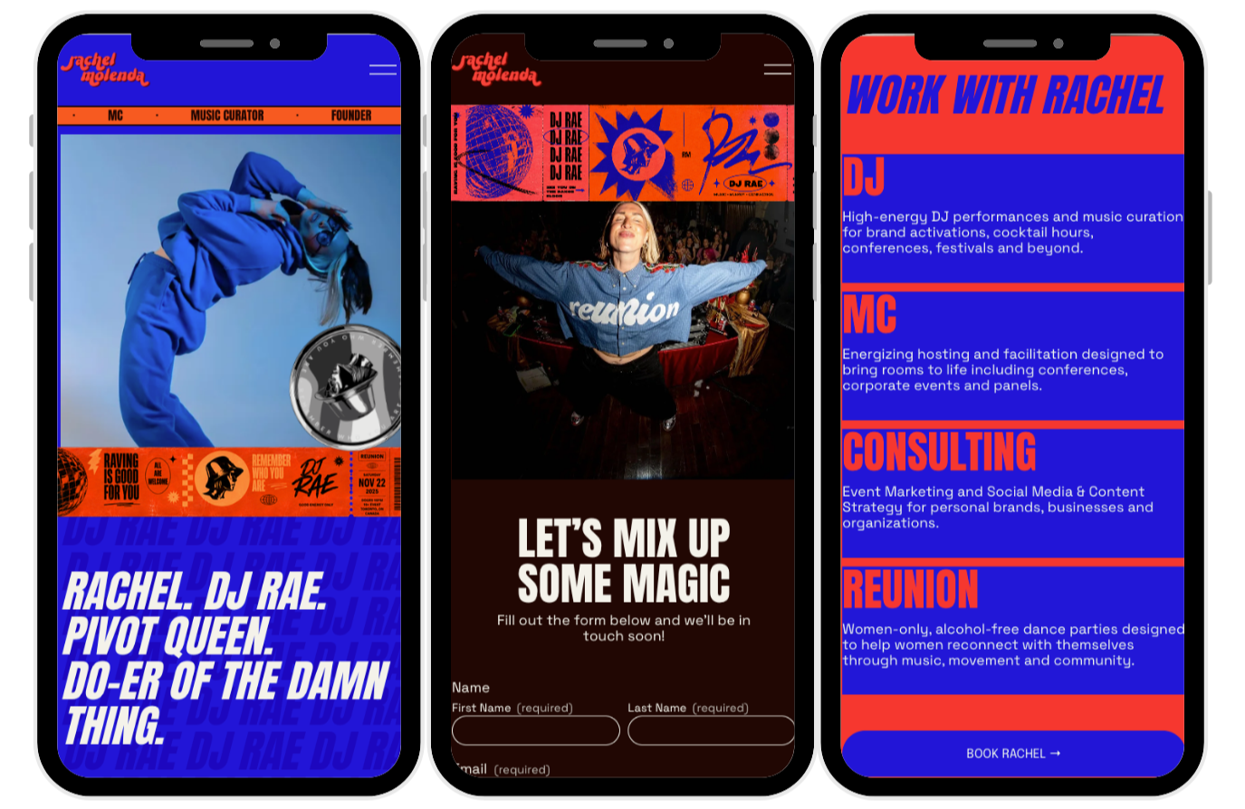 Mobile Experience — Fully responsive across every page, keeping her bold visuals, mixes, and booking path just as easy to use on a phone.