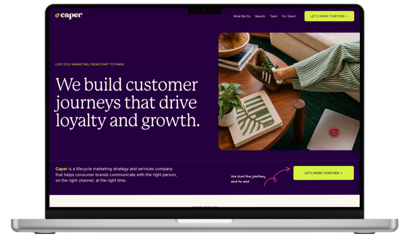 Homepage Hero Section (Desktop) — "We build customer journeys that drive loyalty and growth." A bright, confident first impression with custom imagery that sets the vibe straight away.