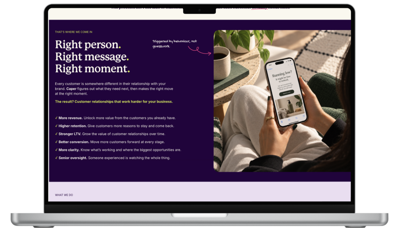 Right Person, Right Message Section (Desktop) — "Right person. Right message. Right moment." What Caper does, distilled into one line, with a checklist of outcomes clients care about.