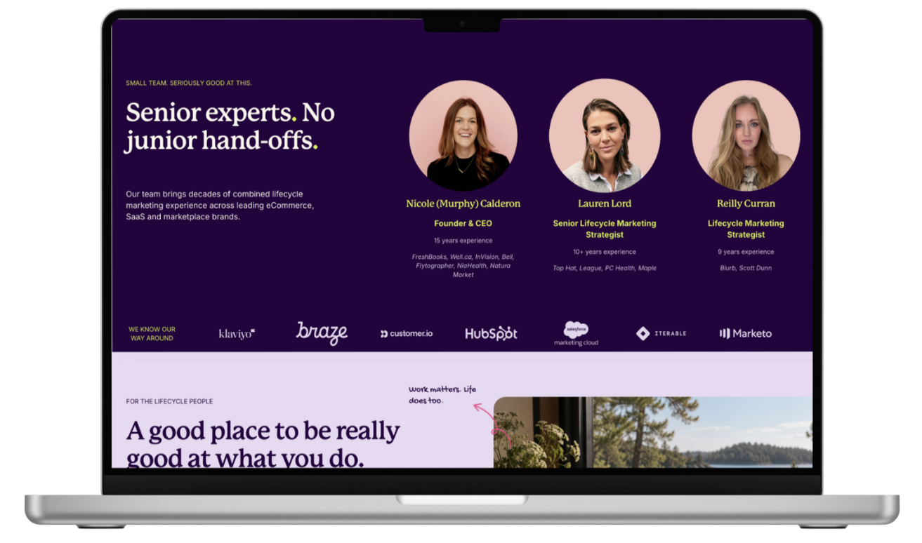 Team Section (Desktop) — "Small team. Seriously good at this." Real faces and real experience, showing clients they'll work with senior experts, not junior hand-offs.
