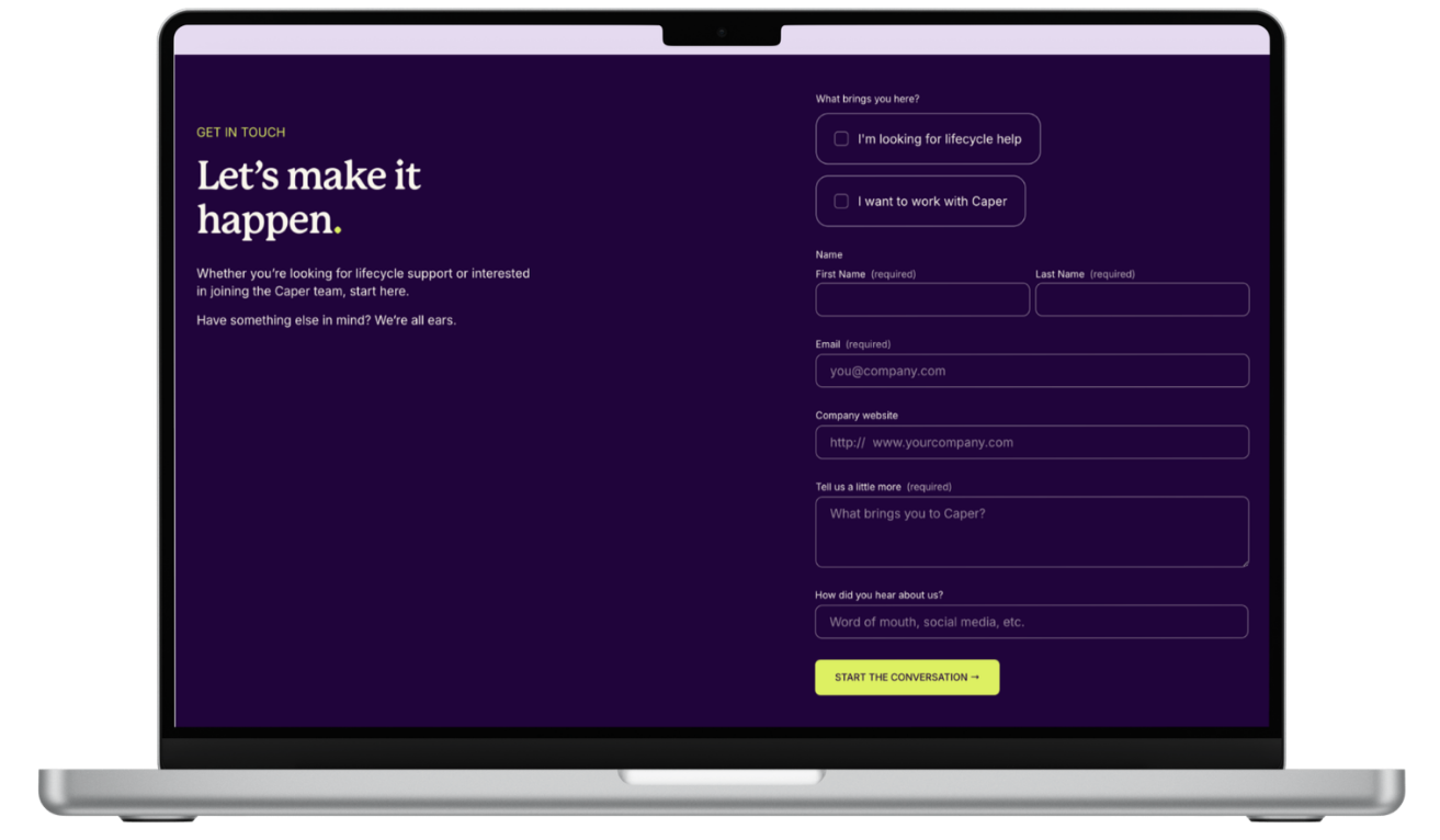 Contact Form (Desktop) — "Let's make it happen." One form with two paths, so prospective clients and future team members each land in the right place.