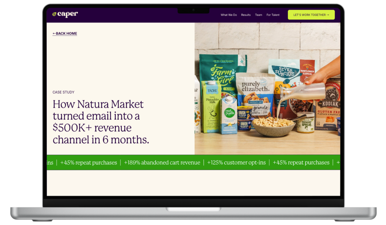 Case Study Hero (Desktop) — "From two outdated flows to a $500K+ revenue channel." A redesigned case study that leads with the result and lets the numbers do the talking.
