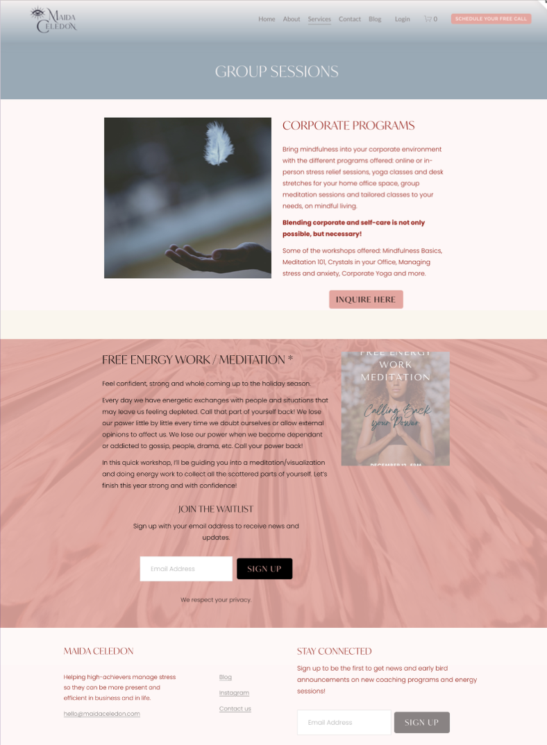 Maida website before redesign with original design and content layout
