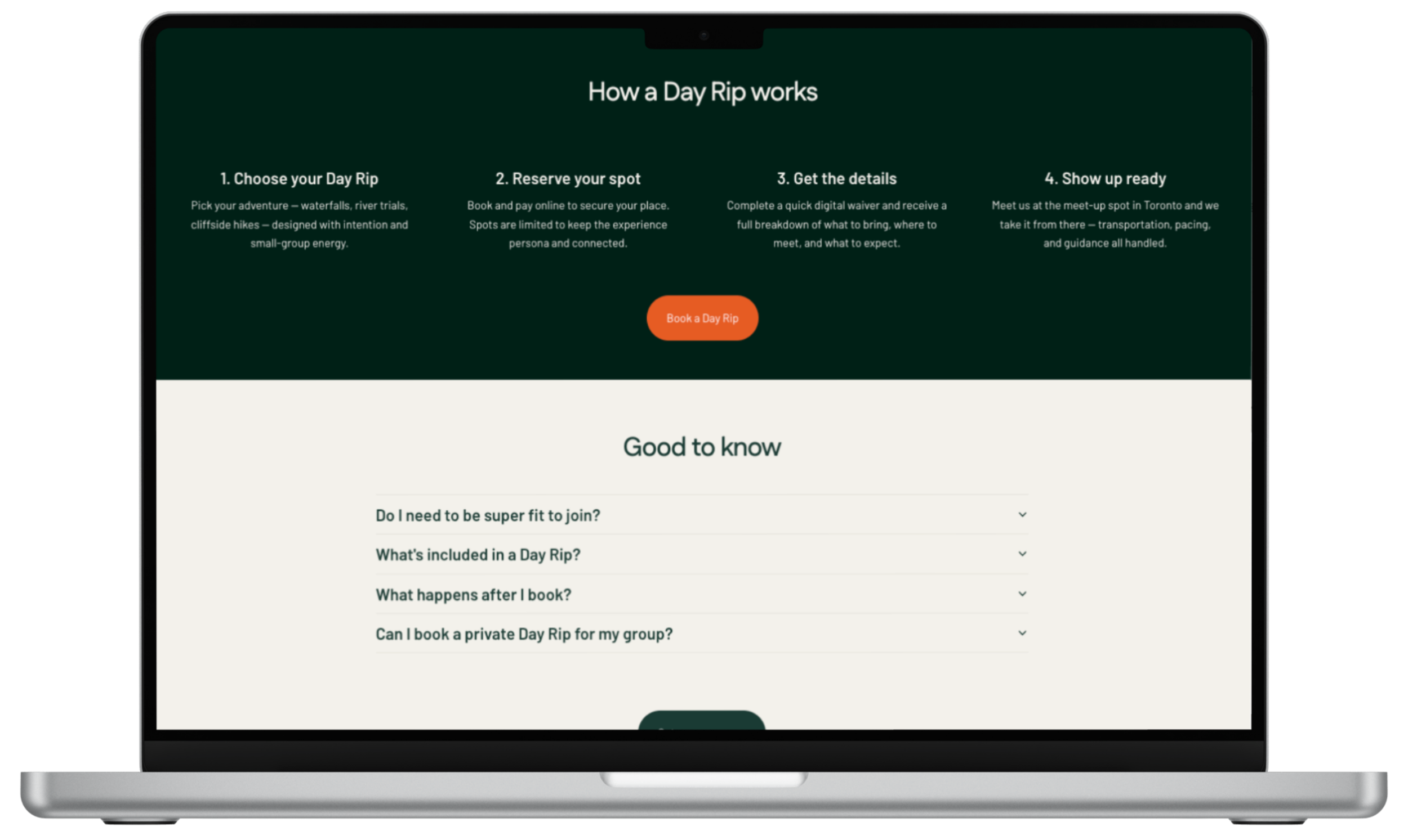 How it Works (Desktop) — A straightforward section that removes friction and makes the booking process feel approachable. 