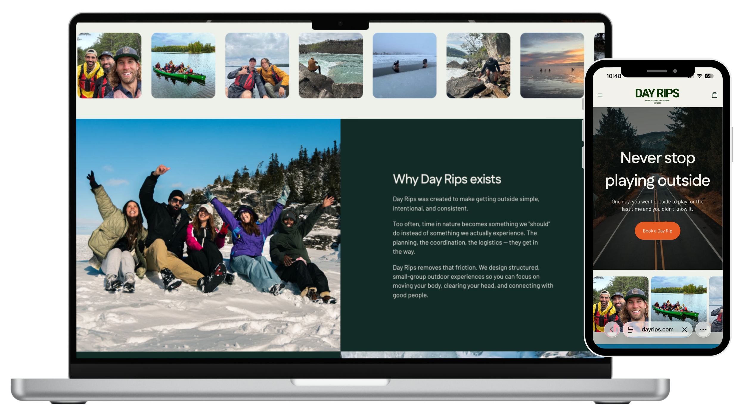 About Page — A concise introduction designed to communicate the Day Rips concept, build trust, and quickly help visitors understand who it’s for and what to expect.