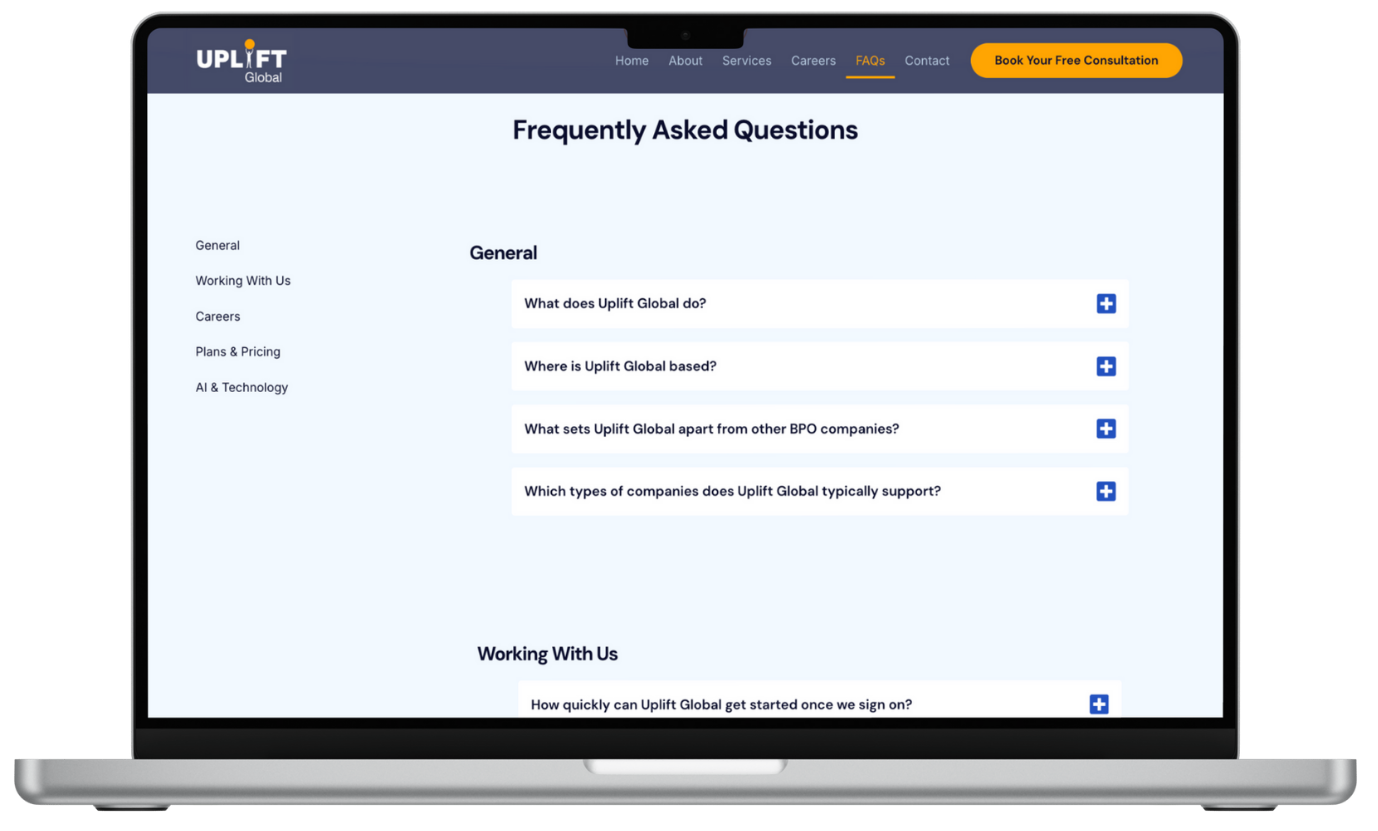 FAQ Page (Desktop) — Streamlined FAQ page improving user flow and clarity.