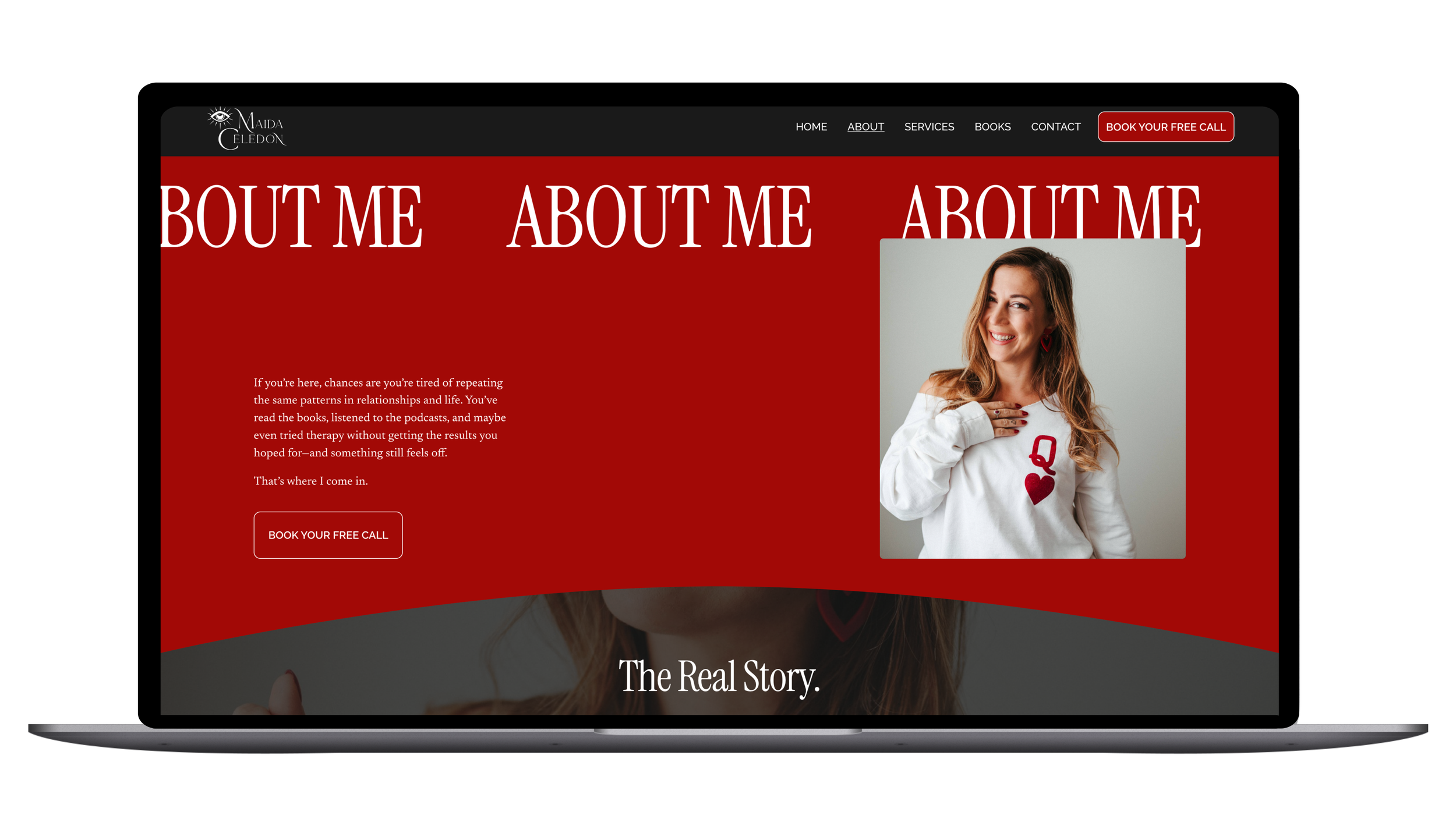 About Page Hero (Desktop) — A grounded, welcoming introduction to Maida, designed to reflect her energy and build immediate trust