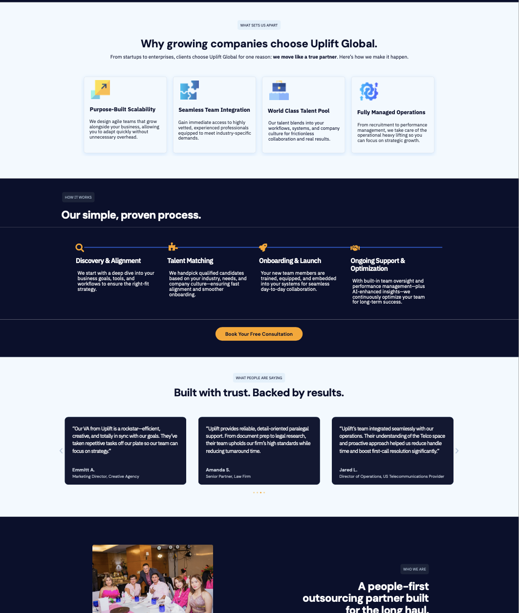 Uplift Global website after redesign showcasing refined branding and modern interface