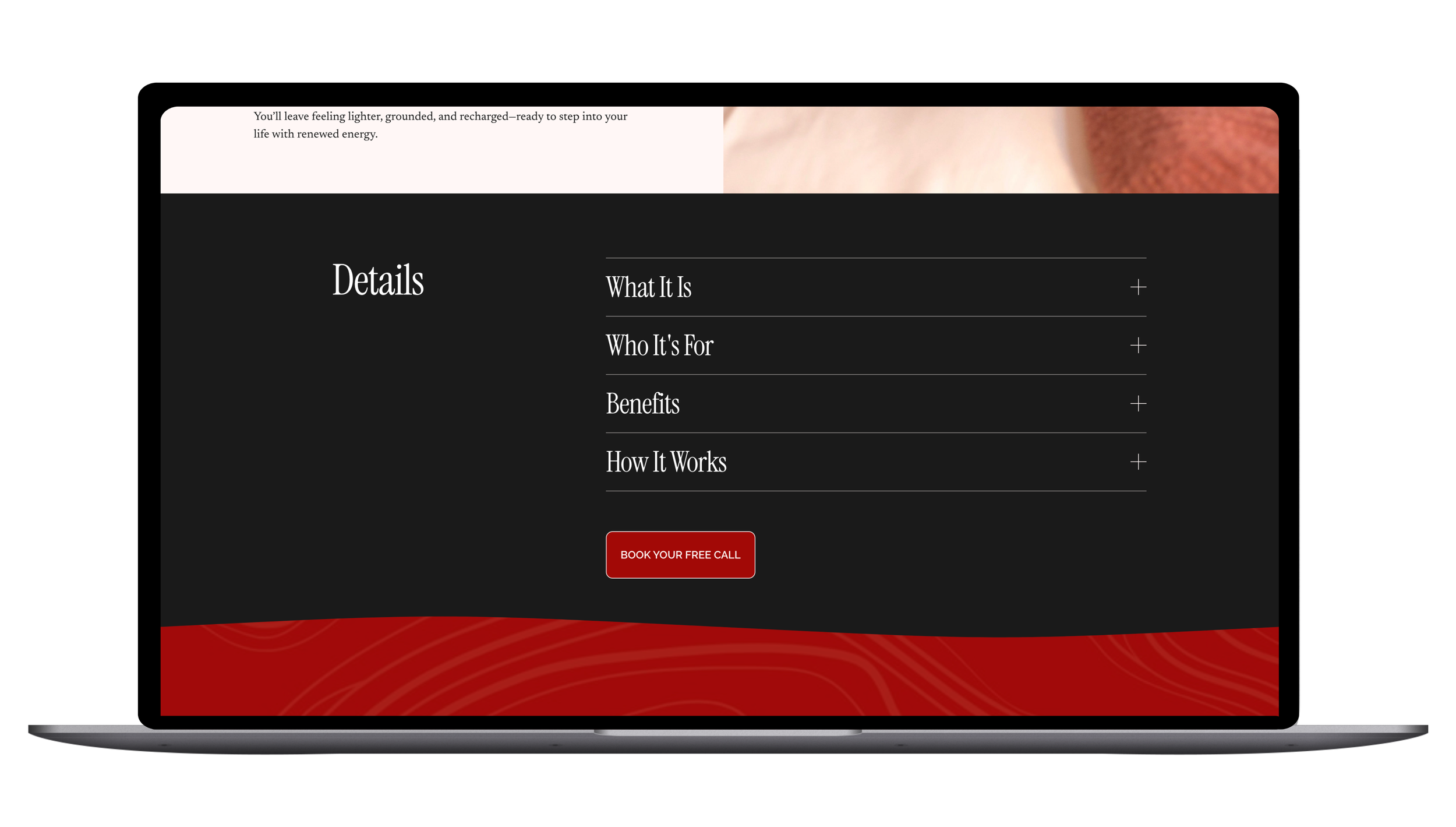 Details on Service Page (Desktop) — Thoughtfully structured service details designed to answer questions, build clarity, and support confident decision-making.