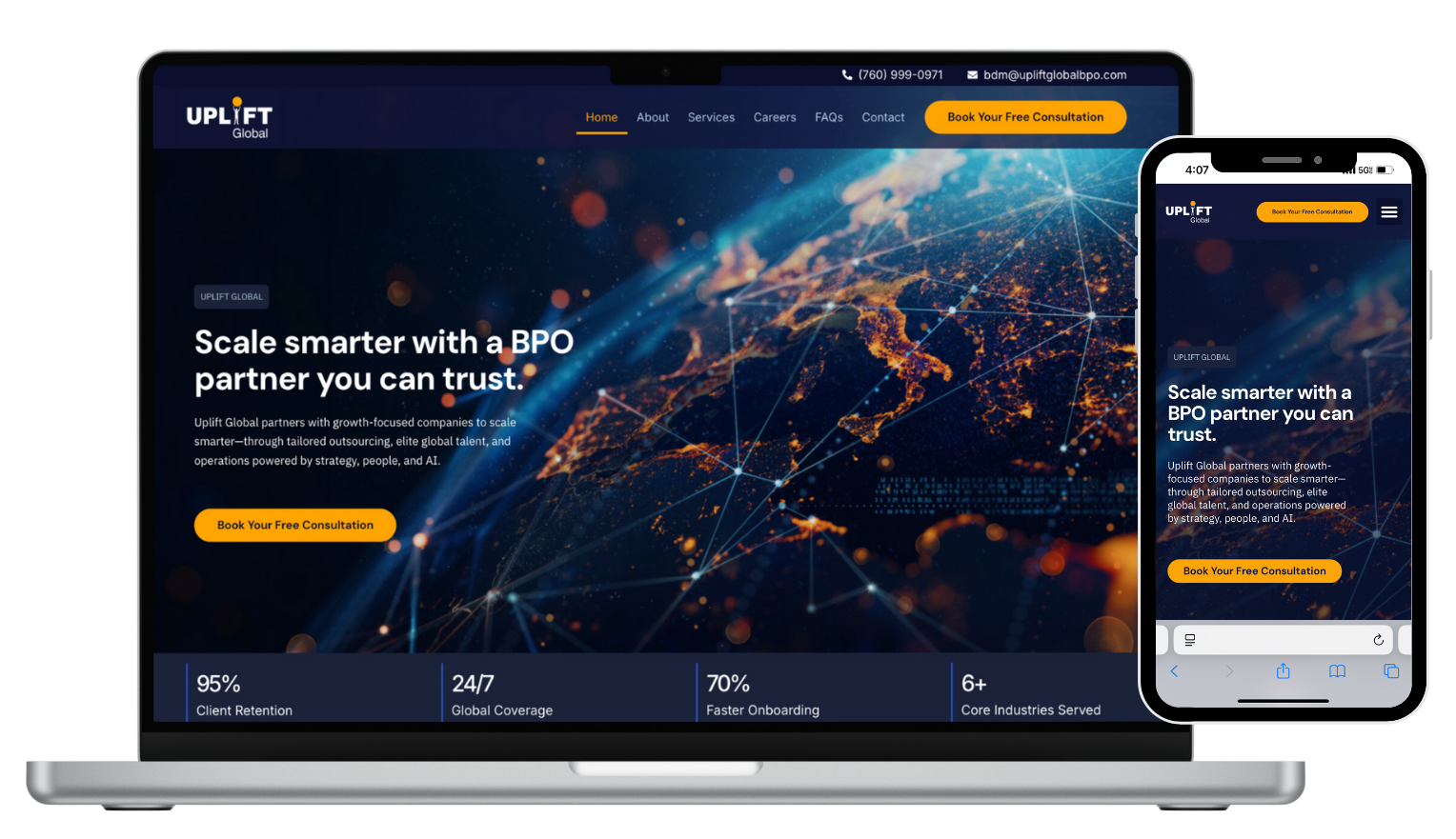 Uplift Global website design displayed on laptop and mobile mockups