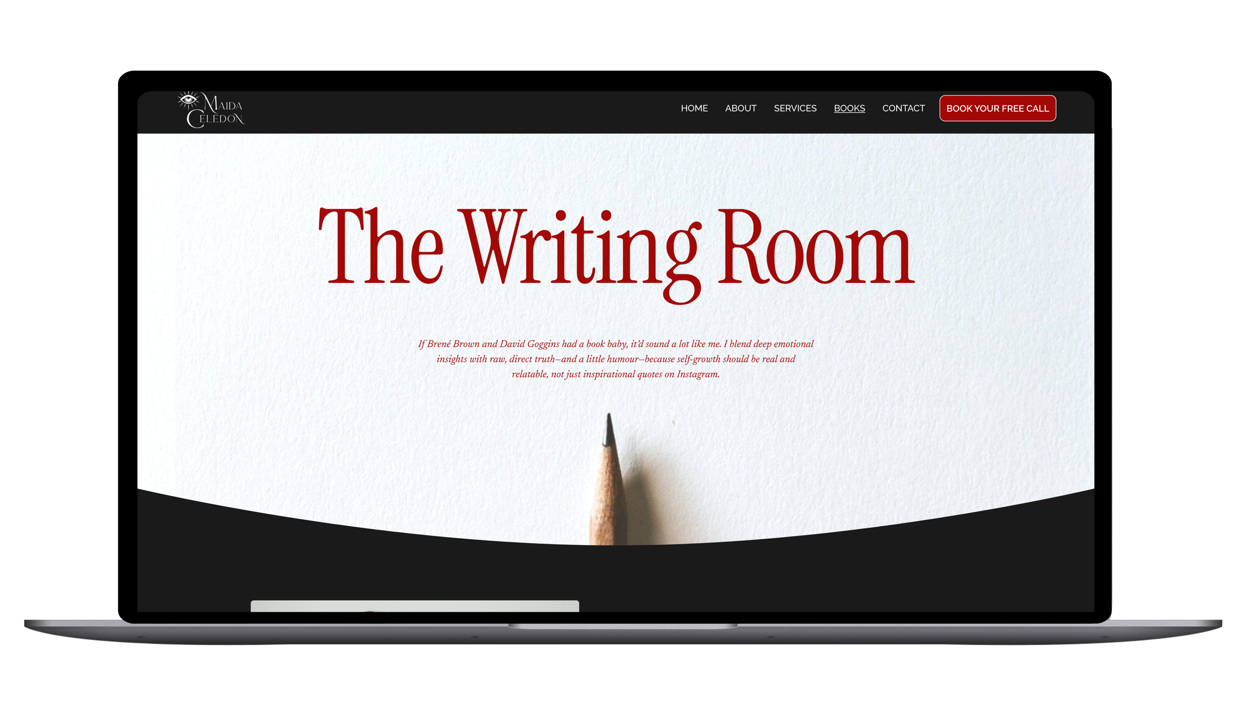 The Writing Room Page (Desktop) — A glimpse into Maida’s writing space, highlighting her work, voice, and creative process.