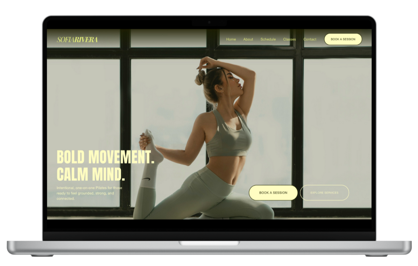 Sofia Rivera Pilates website homepage design displayed on laptop mockup