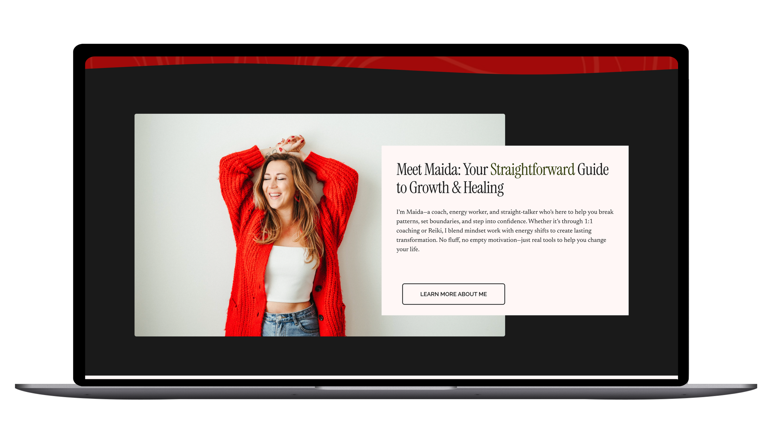 Homepage About Section (Desktop) — A refined introduction that clearly communicates her story and expertise.