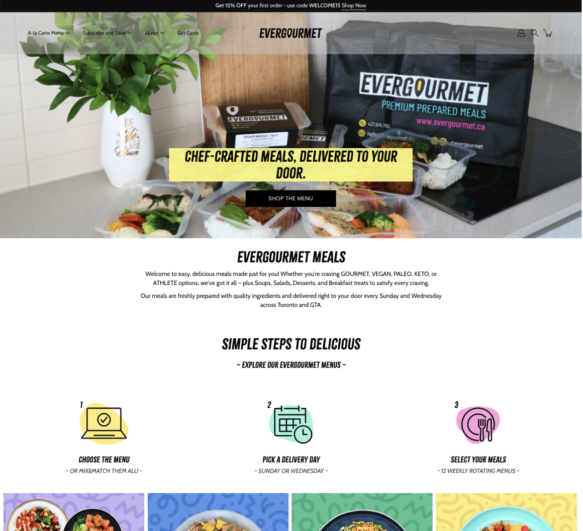 Evergourmet website before redesign showing previous layout and structure