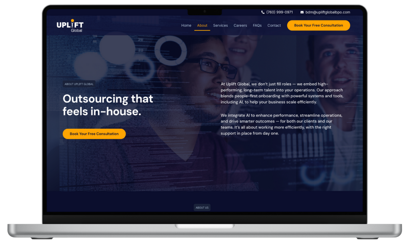 About Page (Desktop) — Designed to introduce Uplift Global with clarity and credibility, this page highlights who they are and what sets them apart.