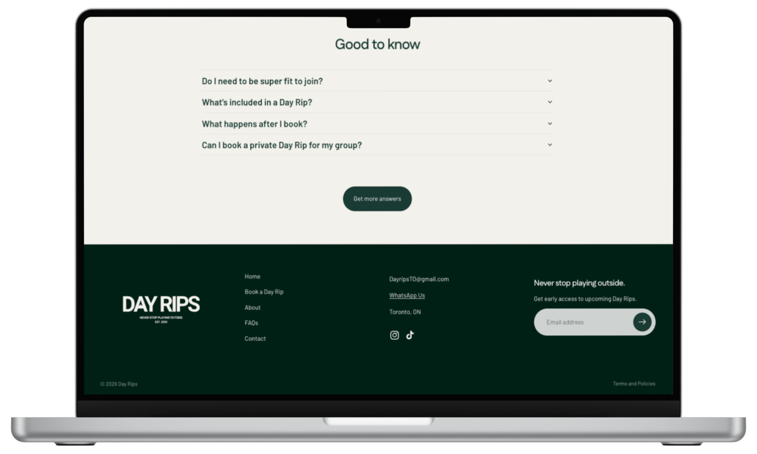 FAQ & Footer (Desktop) — Quick answers to the most common hesitations before booking. Simple navigation and contact details for effortless follow-through.