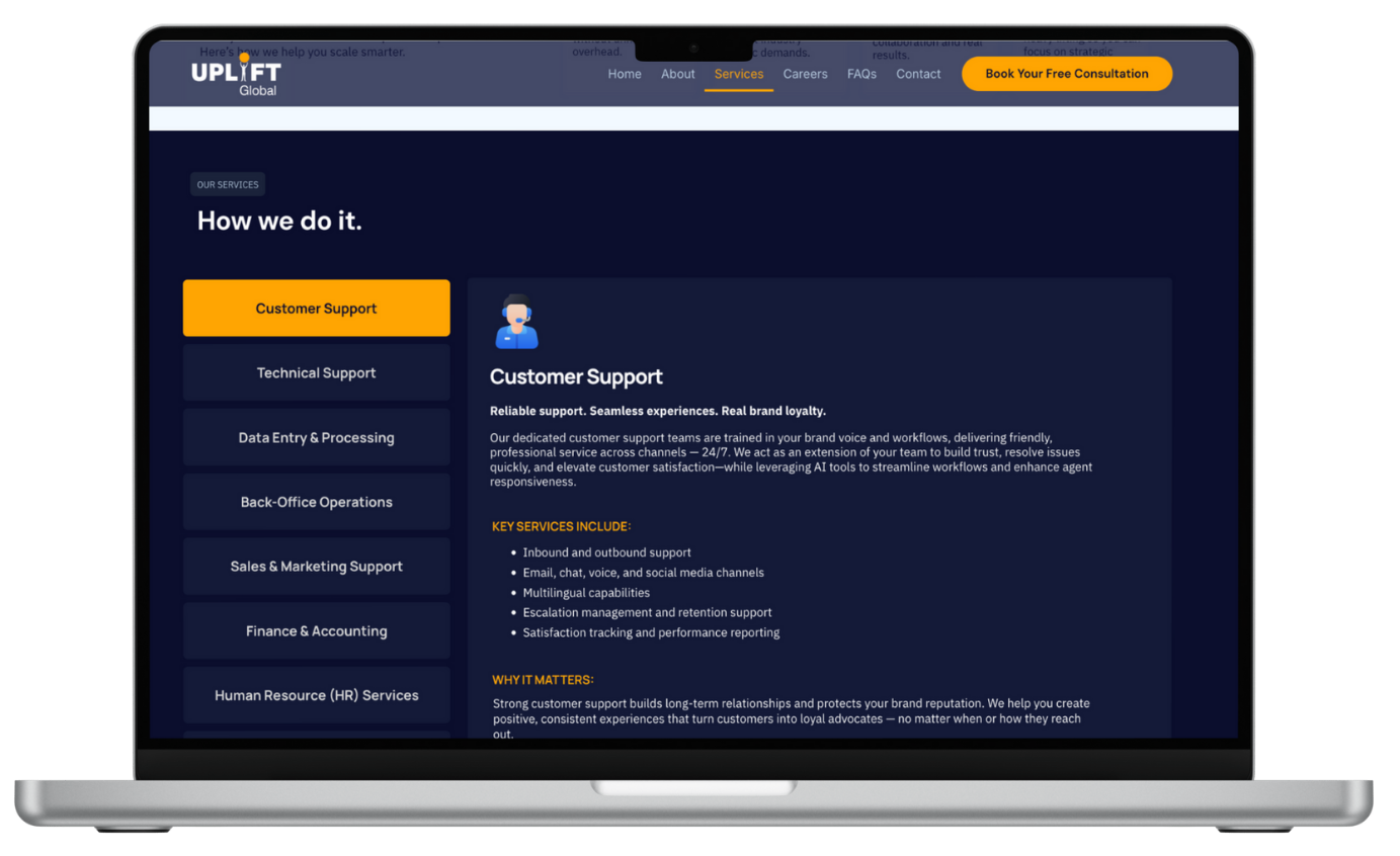Services Section (Desktop) — Clear, structured breakdown of core service offerings.