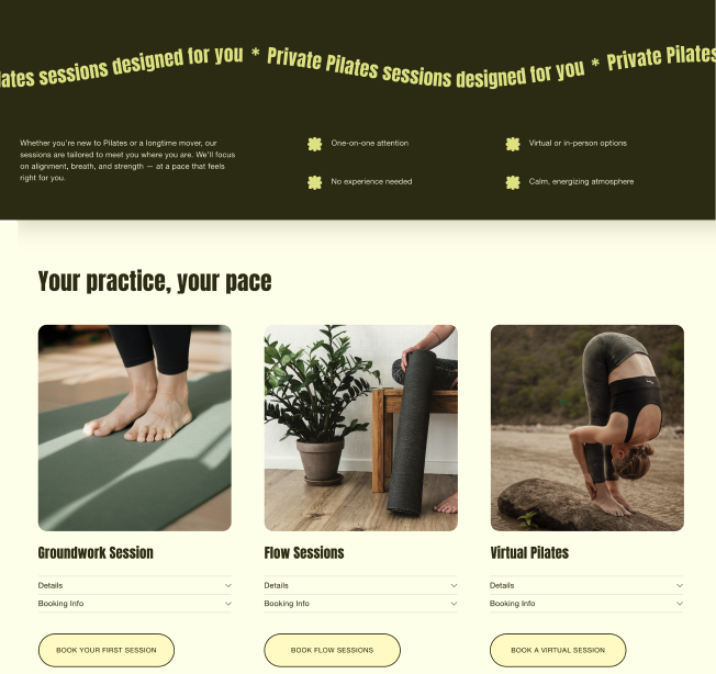 Sofia Rivera Pilates homepage design highlighting clean layout and user experience