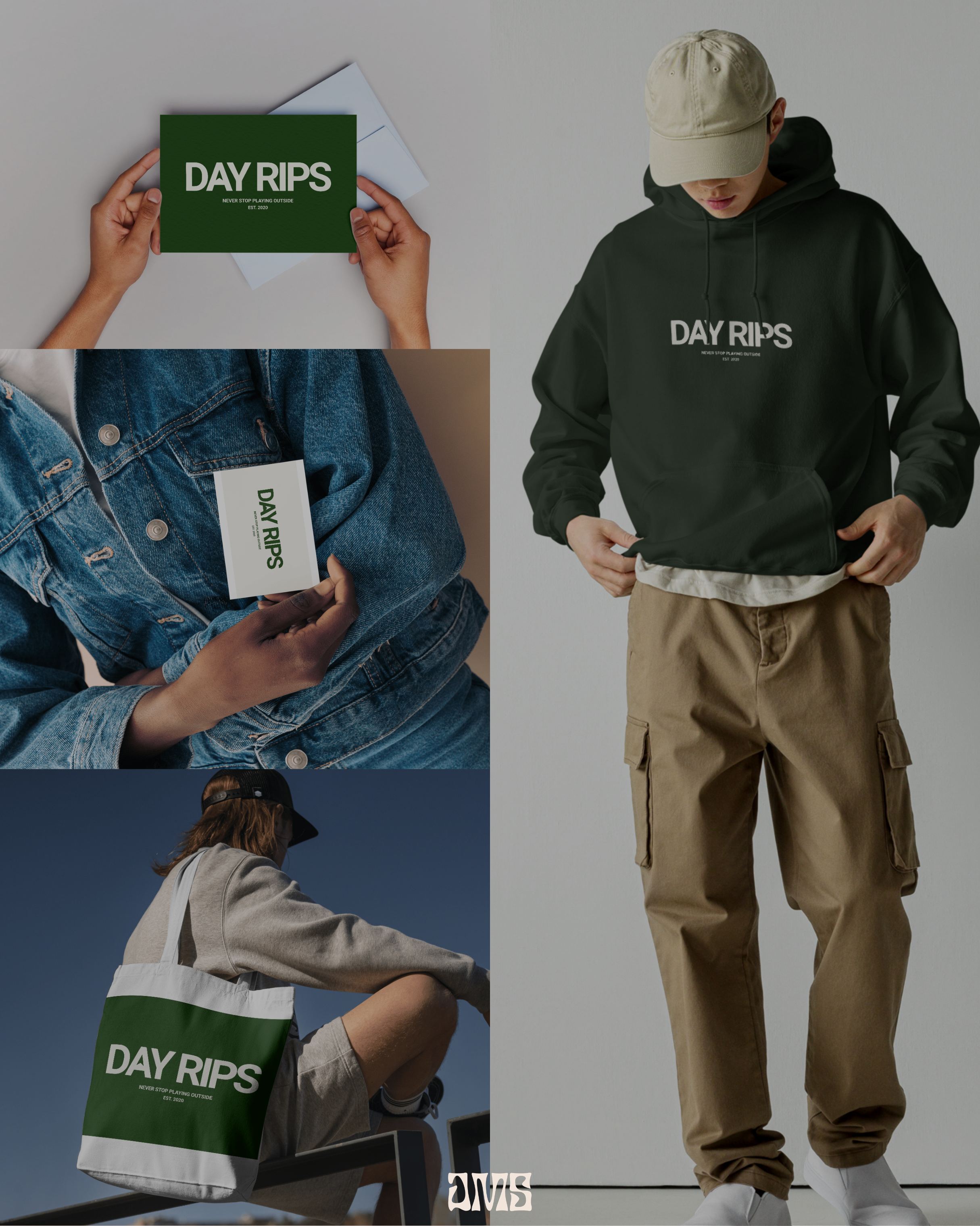 Day Rips branding applied to real-world mockups and marketing materials