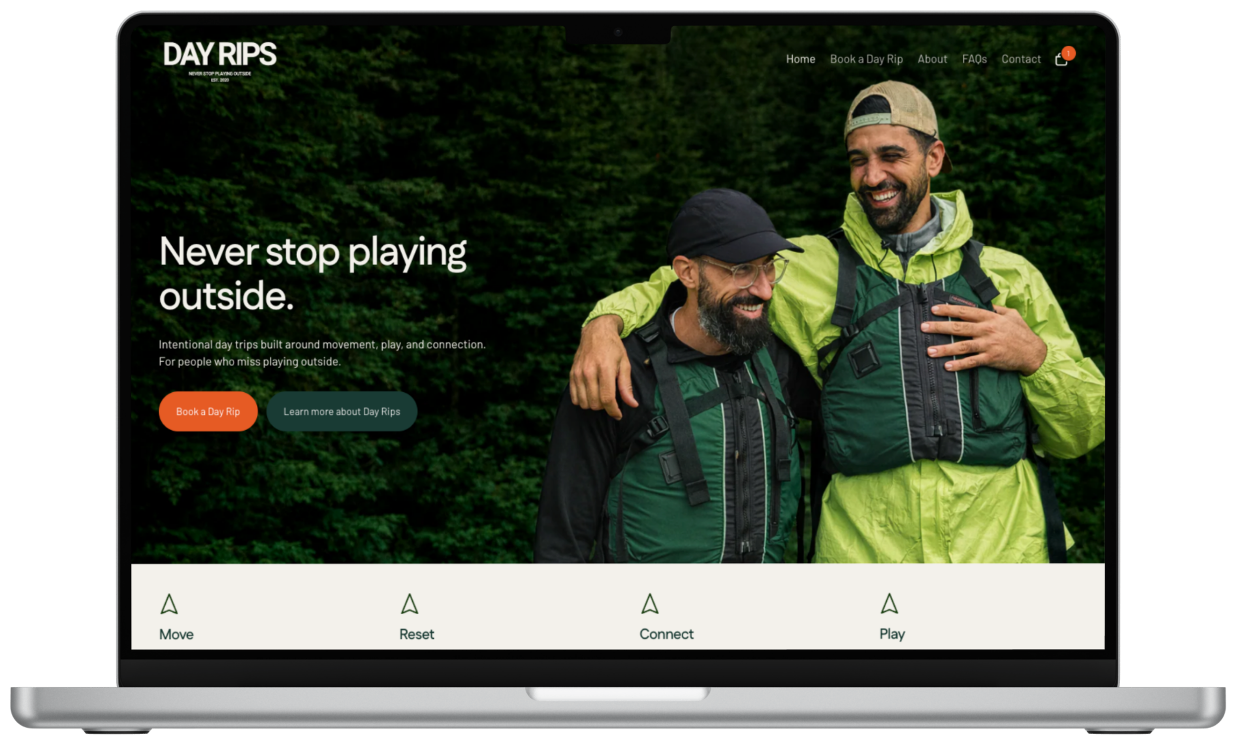 Homepage Hero Section (Desktop) — A bold, experience-led first impression designed to capture the feeling of Day Rips right away.