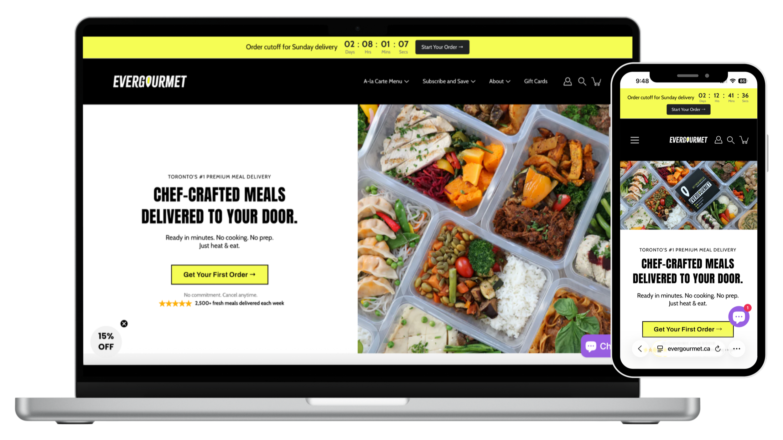 Evergourmet website design displayed on laptop and mobile mockups