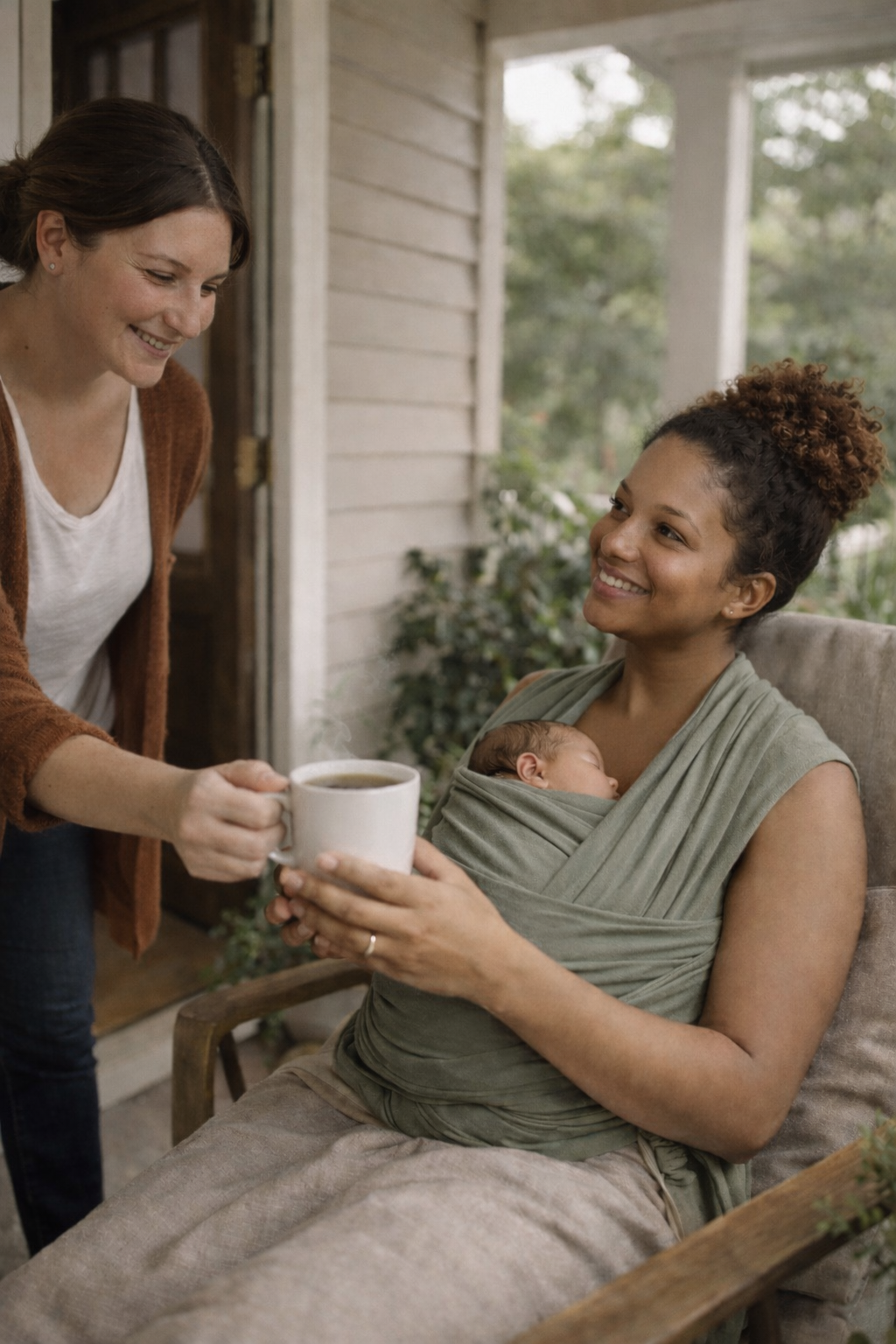 A woman sitting in a chair holding a sleeping baby in a green wrap, smiling at another woman who is offering her a mug of coffee or tea on a porch.