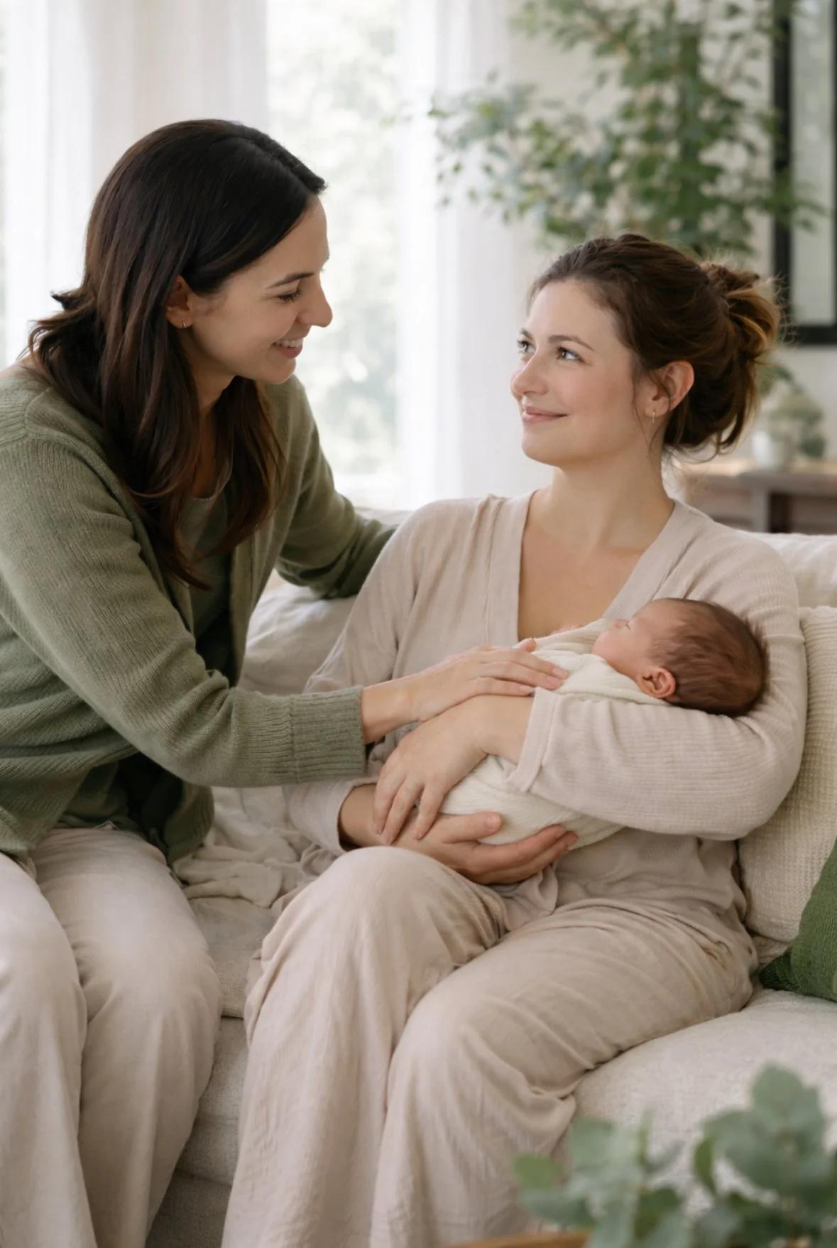 A woman holding a newborn baby and sitting on a sofa, smiling at another woman who is leaning toward her with a bright smile inside a well-lit room with a large window and green plants in the background.