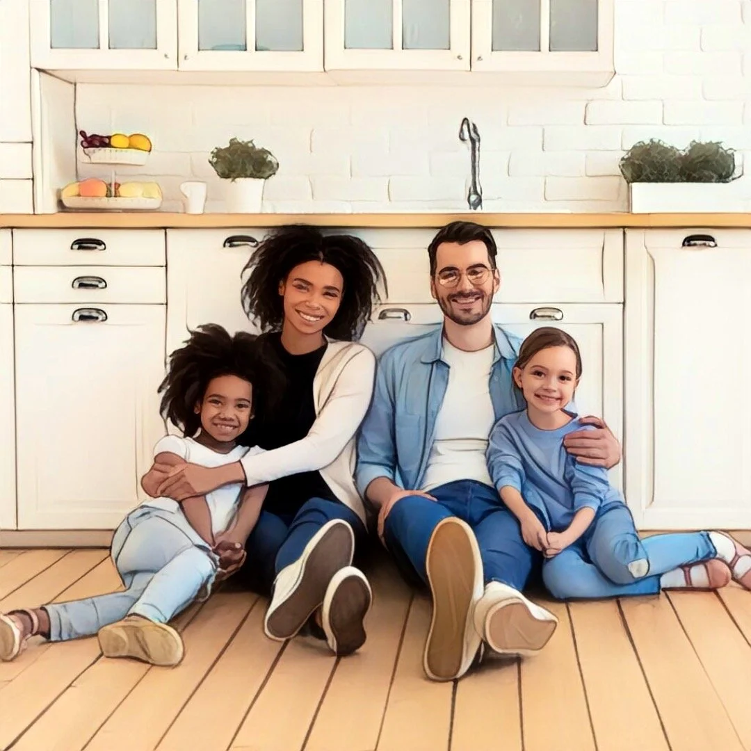 blended family sitting on the floor
