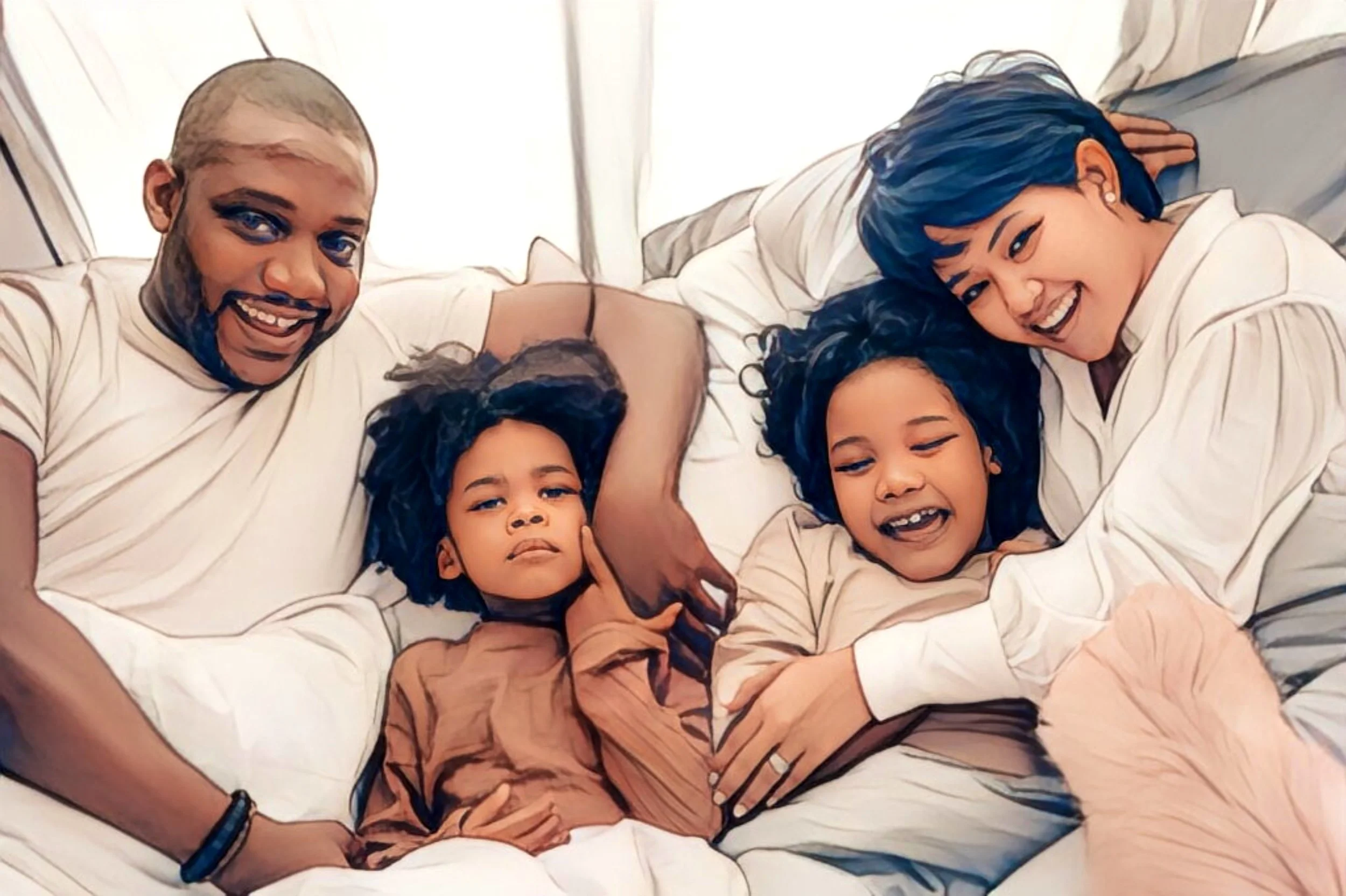 happy family resting on bed