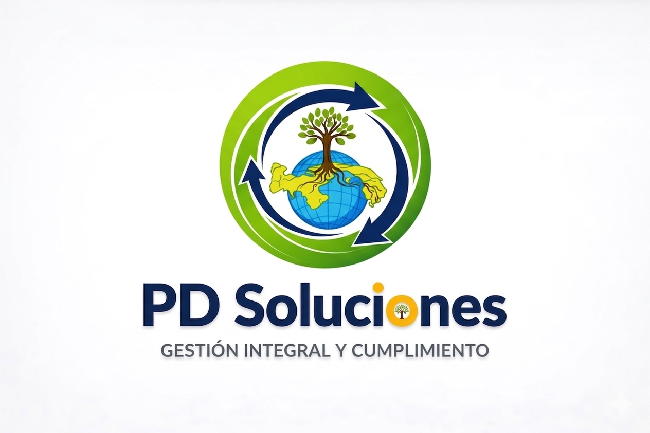 Logotipo de PD Soluciones con un globo terráqueo, un árbol y flechas en un ciclo, y el texto 'PD Soluciones' y 'Gestión Integral y Cumplimiento'.