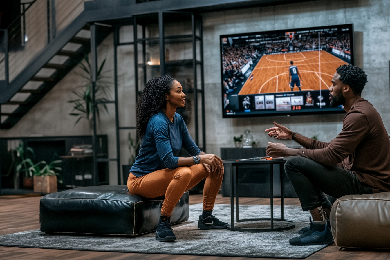 Two people watching a basketball game on a large screen TV in a modern living room.