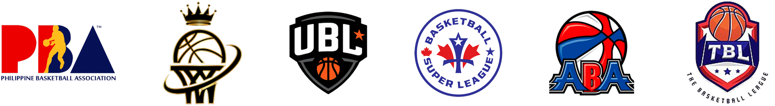 Six basketball league logos from left to right: Philippine Basket Ball Association, WBA, UBL, Basketball Super League, ABA, TBL.