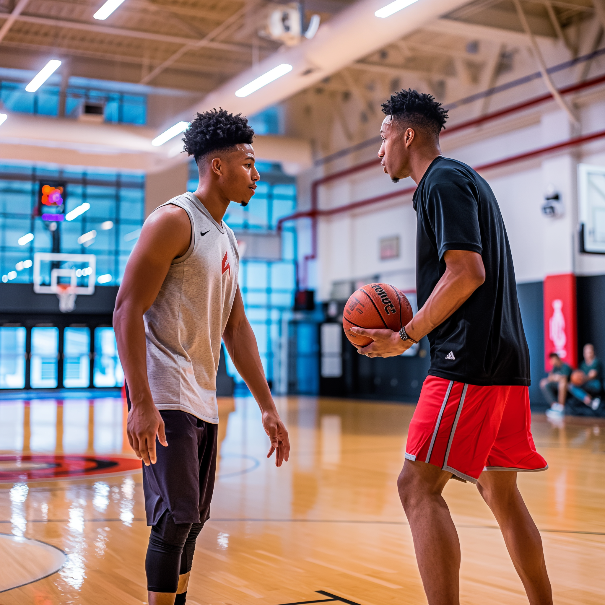 Two basketball players practicing on an indoor court with a basketball hoop in the background. The players are participating in a CLA (Constraints Led Approach) suppported by an Ecological Dynamics framework.