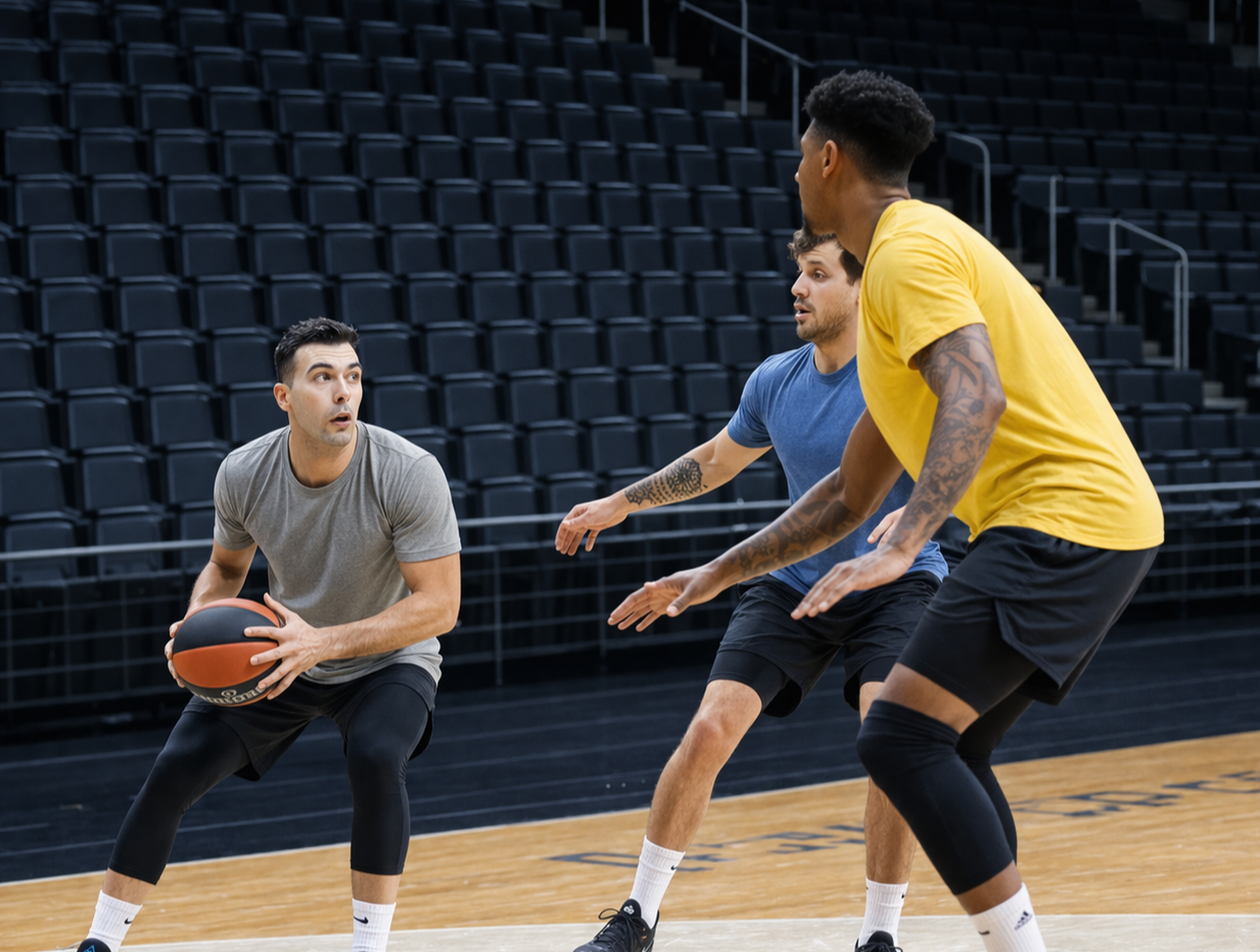 Three men playing basketball on an indoor court, one holding the ball and preparing to shoot, while the other two guard him closely. The players are participating in a CLA (Constraints Led Approach) supported by an Ecological Dynamics framework.