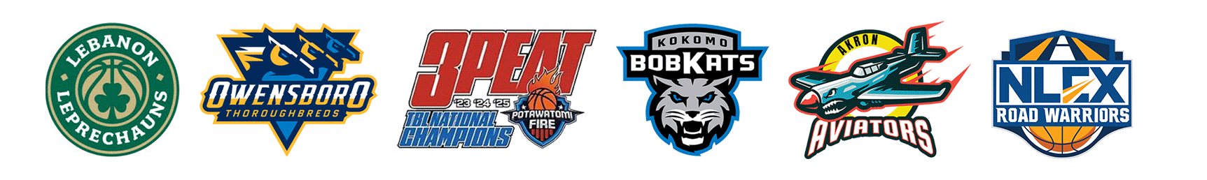 Collection of seven sports team logos including Lebannon Leprechauns, Owensboro Thoroughbreds, TBLA National Champions Potawatomi Fire, Kokomo BobKats, Akron Aviators, and NLX Road Warriors.