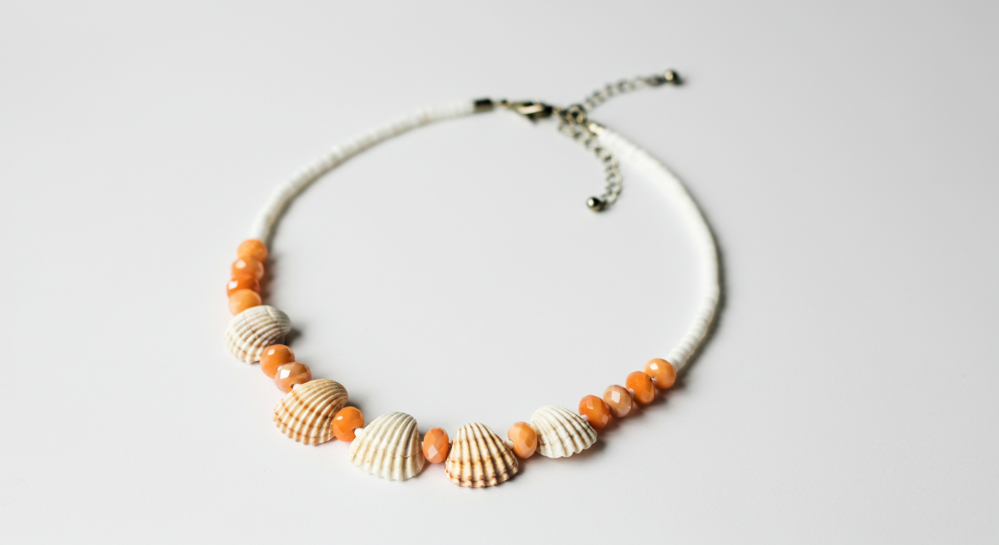 A necklace with orange beads and seashell charms on a white background.
