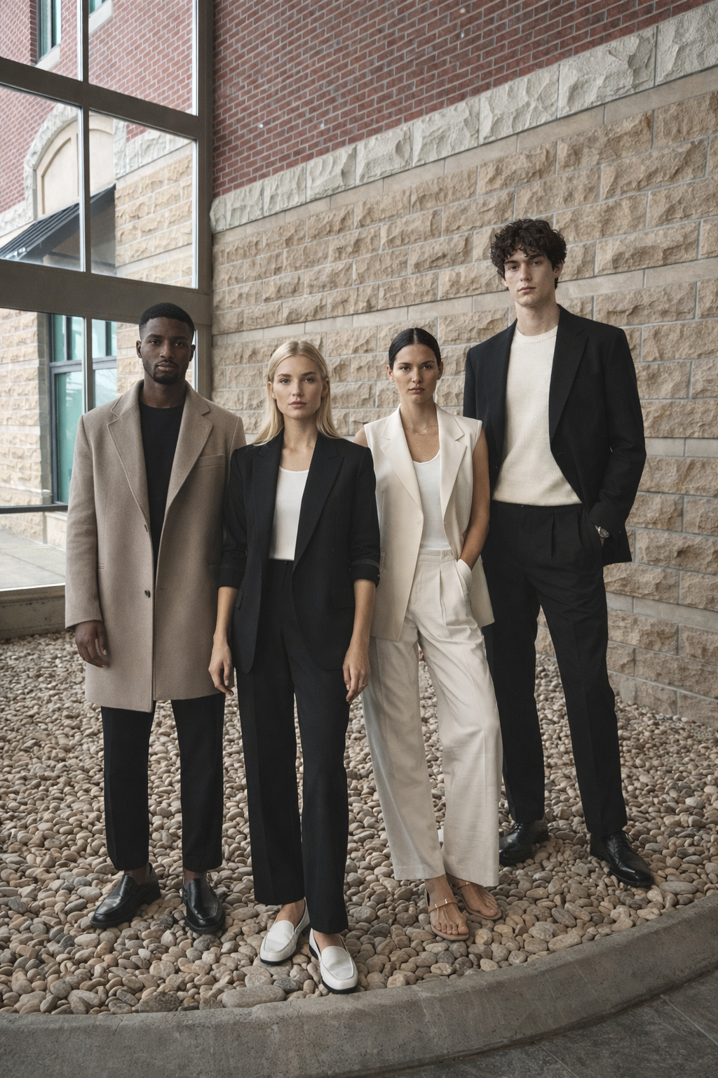 Four fashionably dressed individuals standing side by side outdoors, against a brick and stone wall, with large windows behind them.
