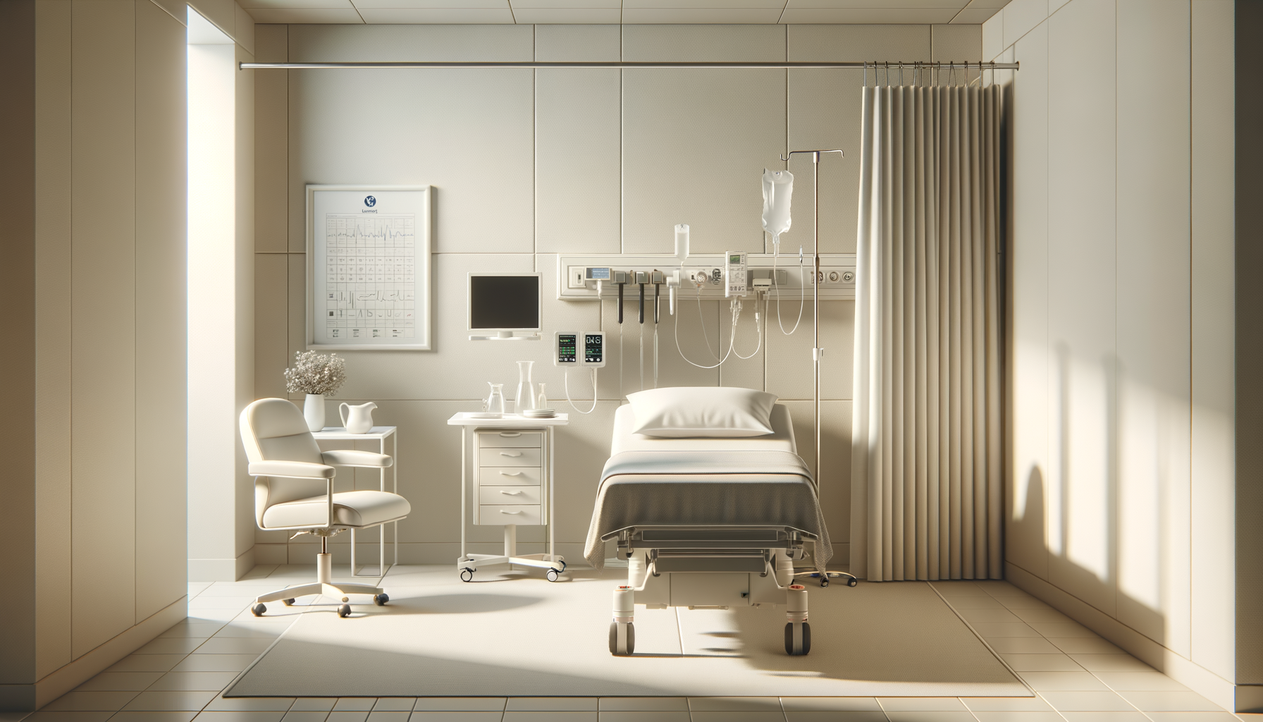 Empty hospital room with a bed, medical equipment, and a chair.