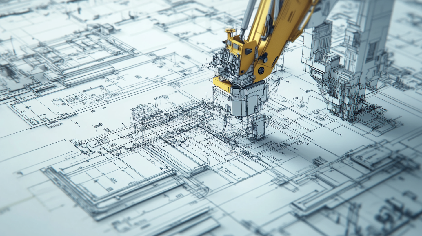 A yellow construction excavator working on architectural blueprint plans for a building.