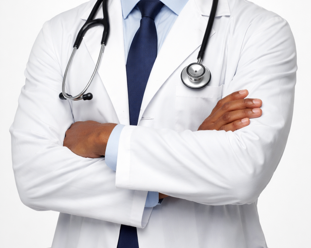 Close-up of a doctor wearing a white coat and a stethoscope, with arms crossed.