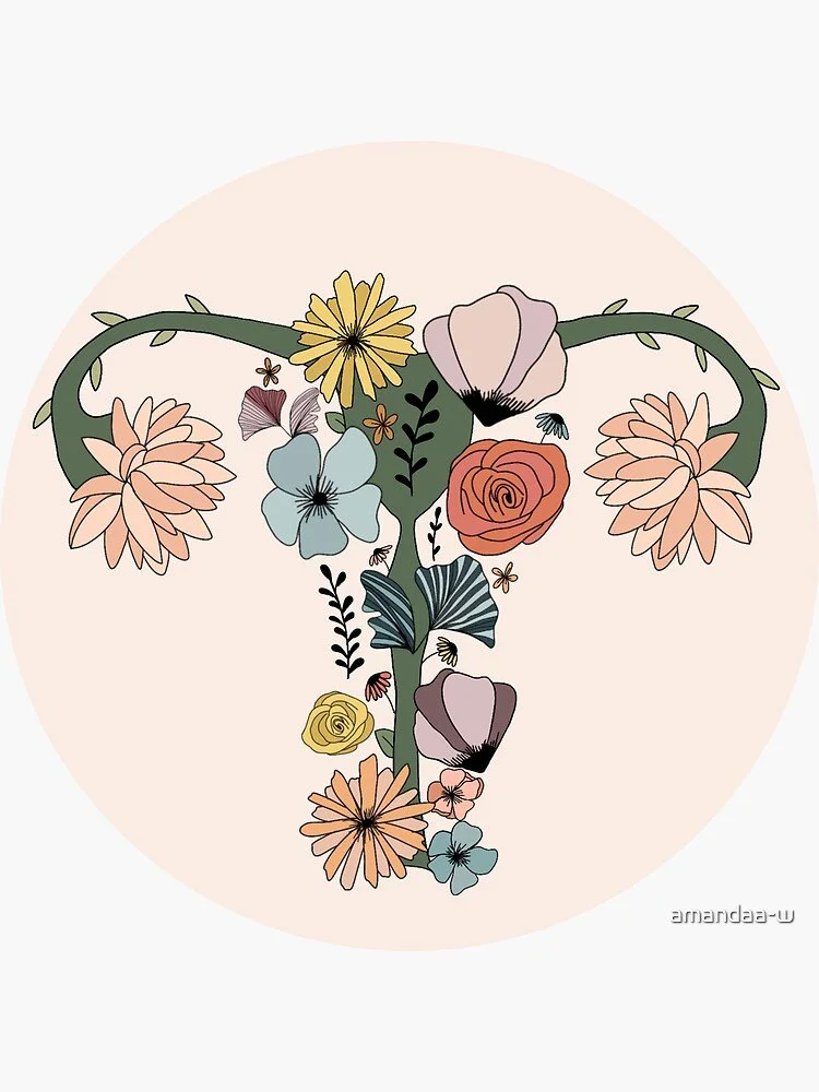Illustration of a uterus shape made with various flowers, leaves, and plants on a pale background.
