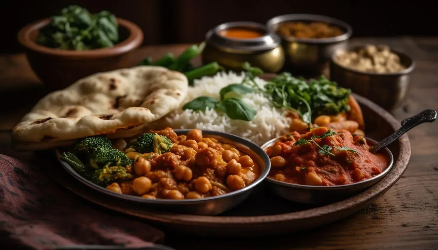 Indian food on a wooden platter with chickpea curry, tomato-based curry, naan bread, rice, and assorted side dishes.