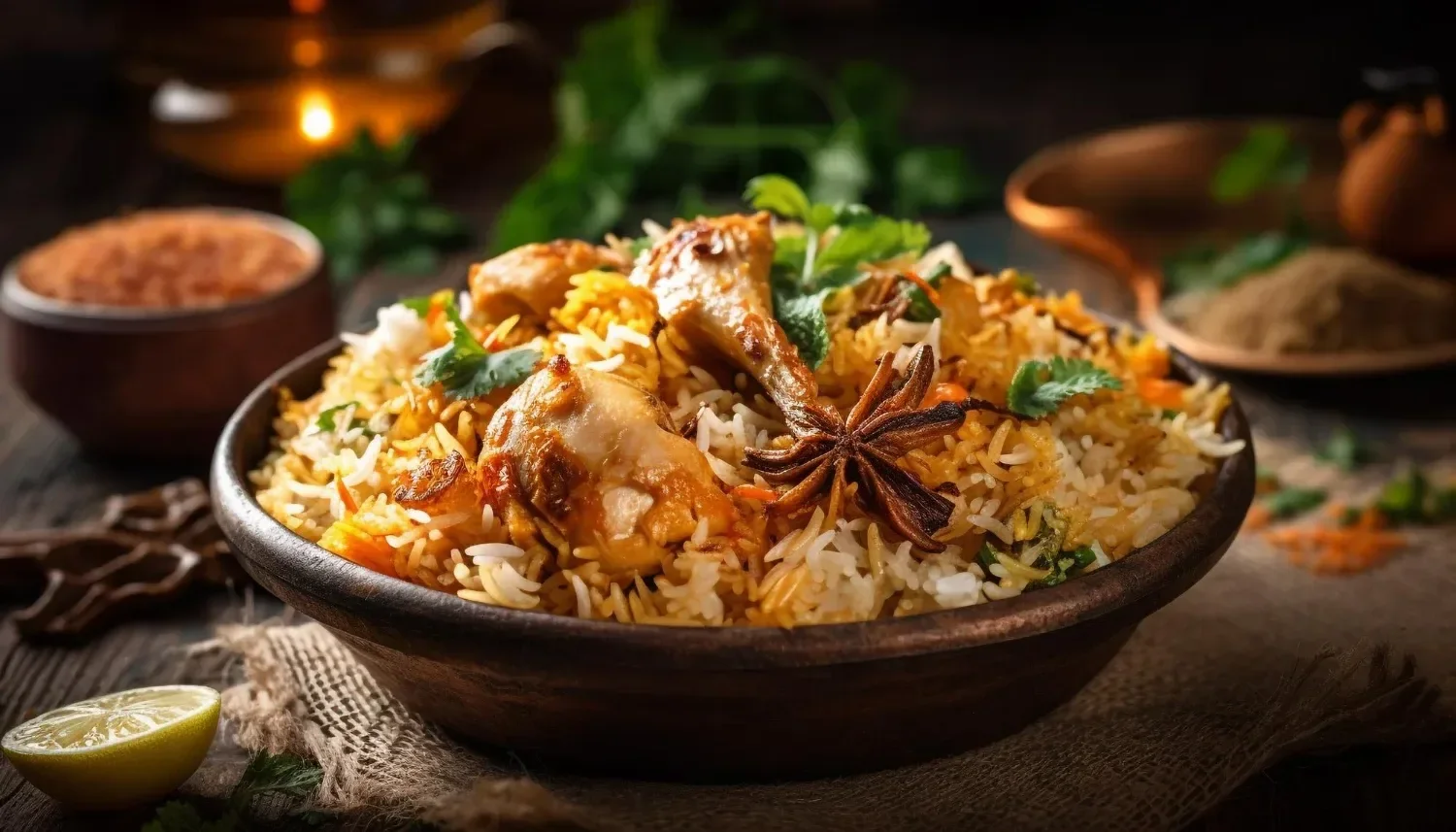 A bowl of Indian biryani rice with chicken, garnished with cilantro, star anise, and spices; in the background, there are bowls of spices and herbs on a rustic wooden table.
