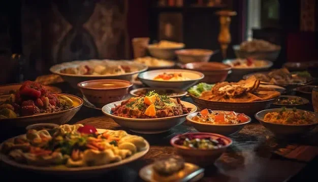 A variety of Indian dishes on a dark wooden table, including curries, bread, and rice, served in bowls and platters.