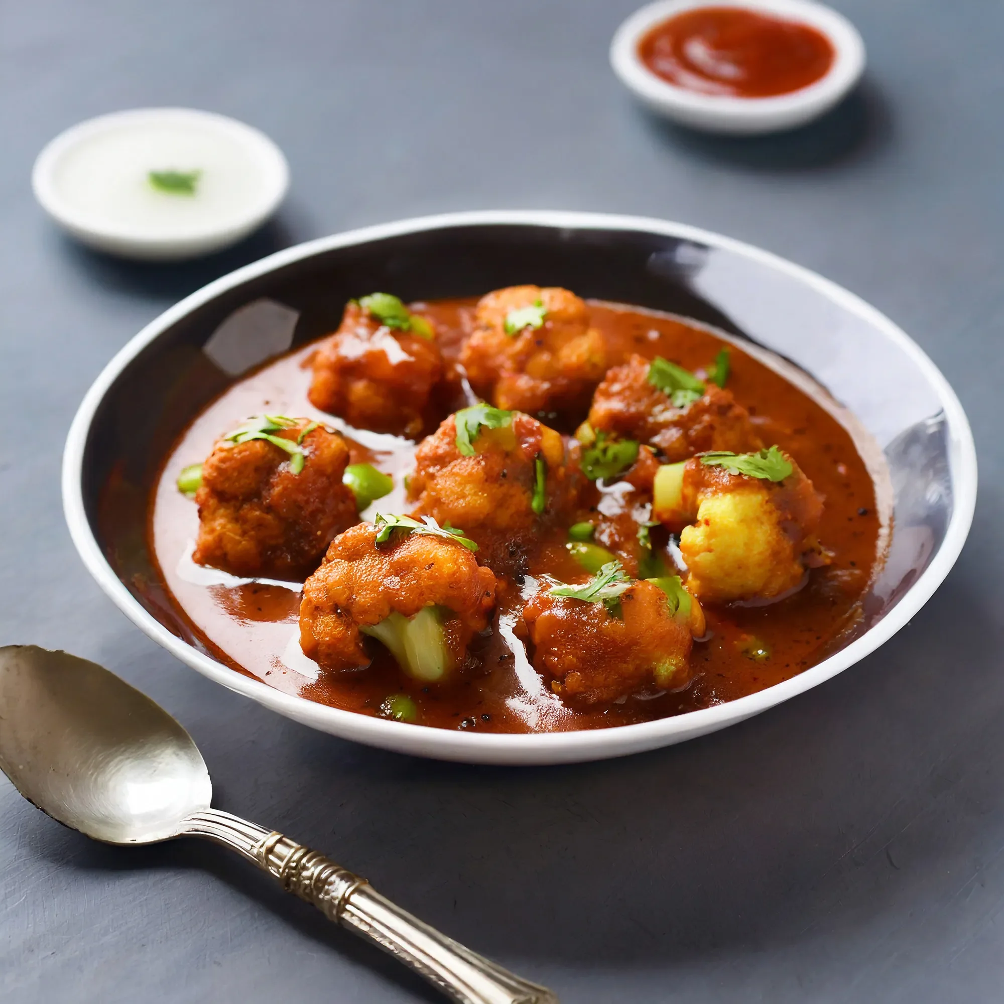 A black bowl filled with spicy Indian vegetable curry garnished with cilantro, with a spoon beside it and small bowls of green chutney and red chutney in the background.