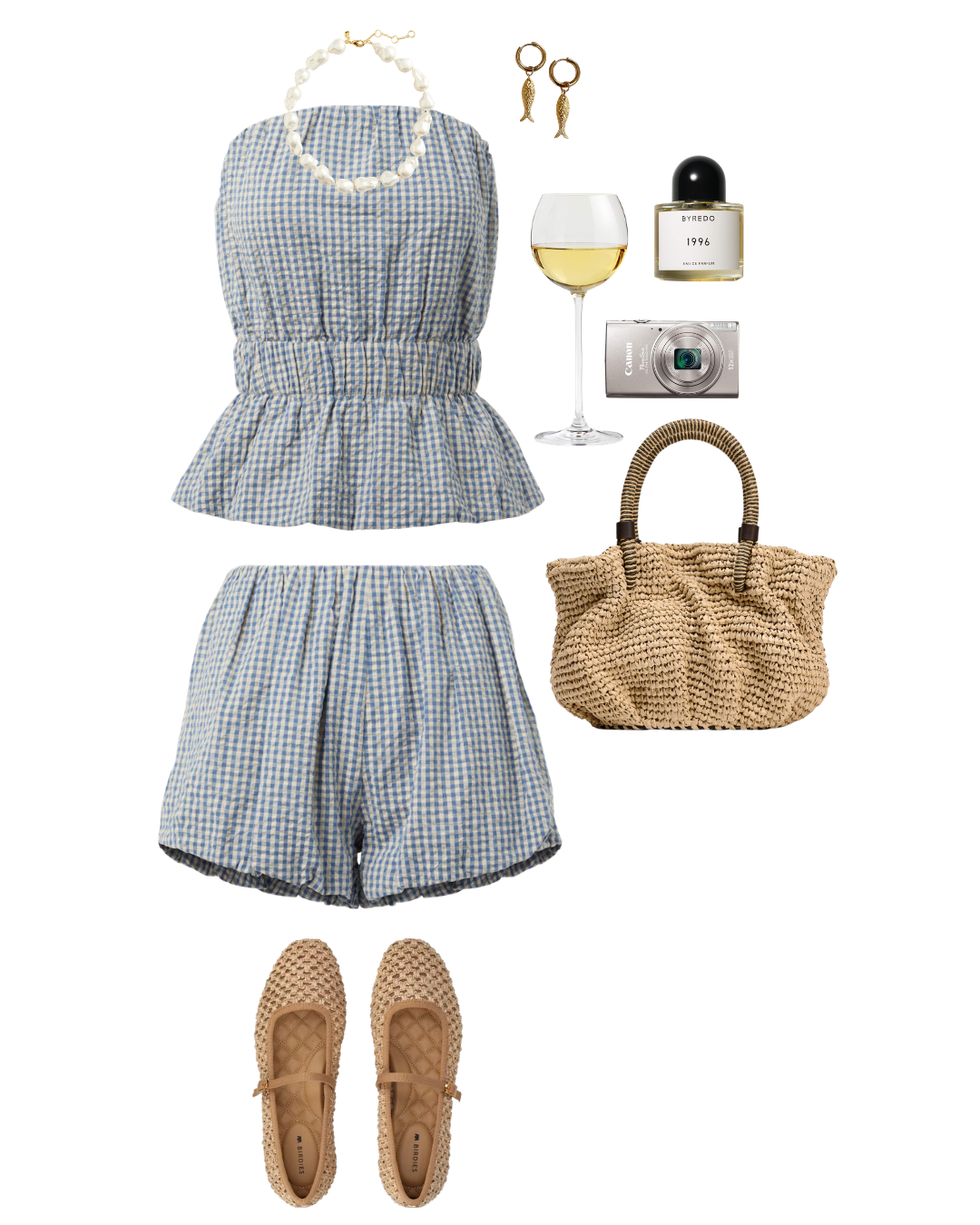 Gingham summer outfit with accessories including pearl necklace, fish earrings, woven bag, and beige woven flats, alongside a glass of white wine, perfume, and a camera.