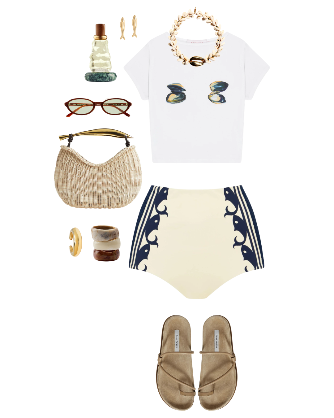 Beach outfit with a white t-shirt featuring a beach scene, patterned bikini bottom, beige sandals, and accessories including sunglasses, a woven handbag, jewelry, and seashell-themed necklace.