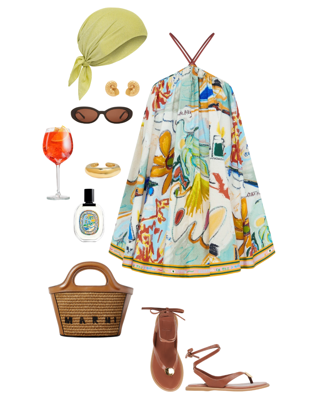 Summer fashion outfit including a colorful abstract patterned dress, light green headscarf, brown ankle strap sandals, sunglasses, gold jewelry, a small woven handbag, and a glass of orange drink